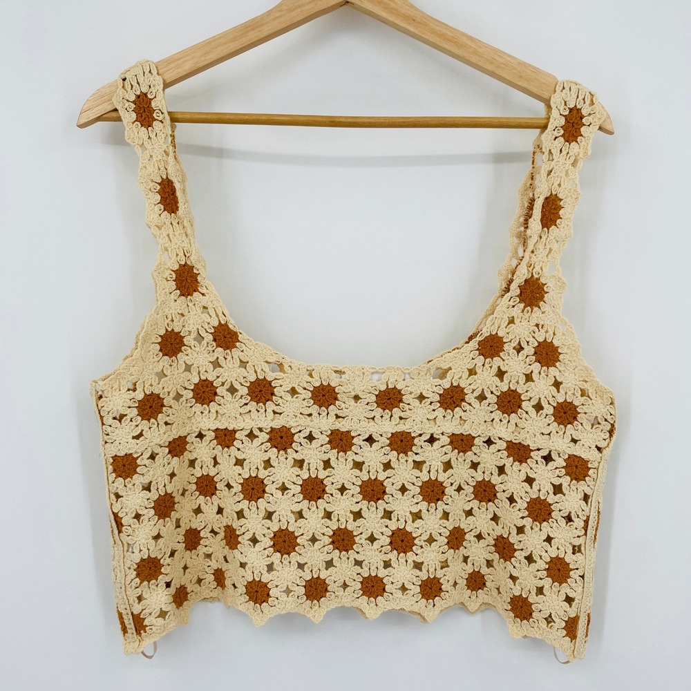 Nectar Clothing Tank Top Women S/M Beige Brown Floral Crochet Knit Sleeveless - Picture 3 of 3